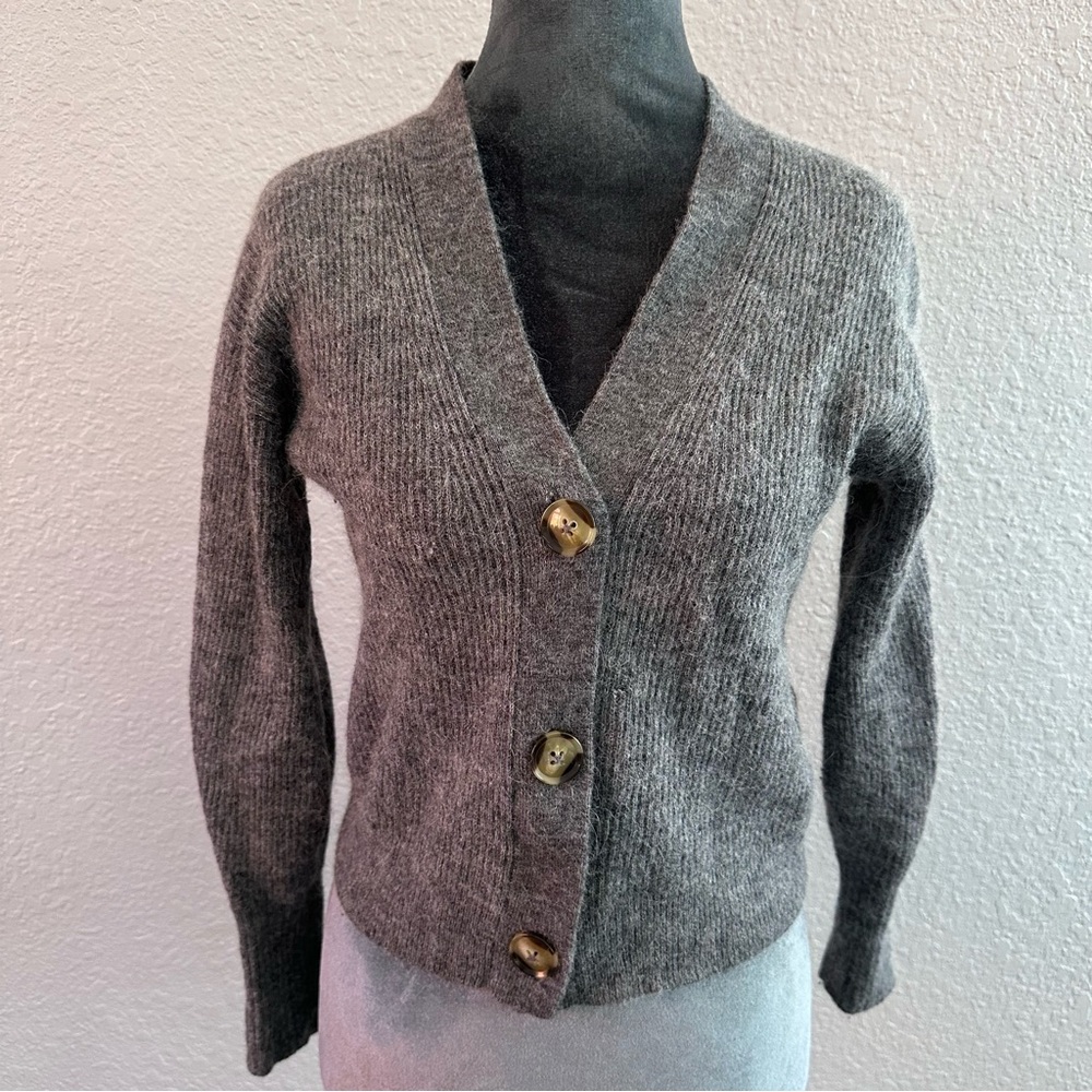 Quince Gray Wool Blend V-Neck Button Cardigan